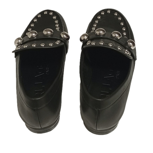 KARL LAGERFELD "AVAH" BLACK LEATHER LOAFER FLATS SHOES WITH SILVER DOME STUDS - Picture 6 of 13